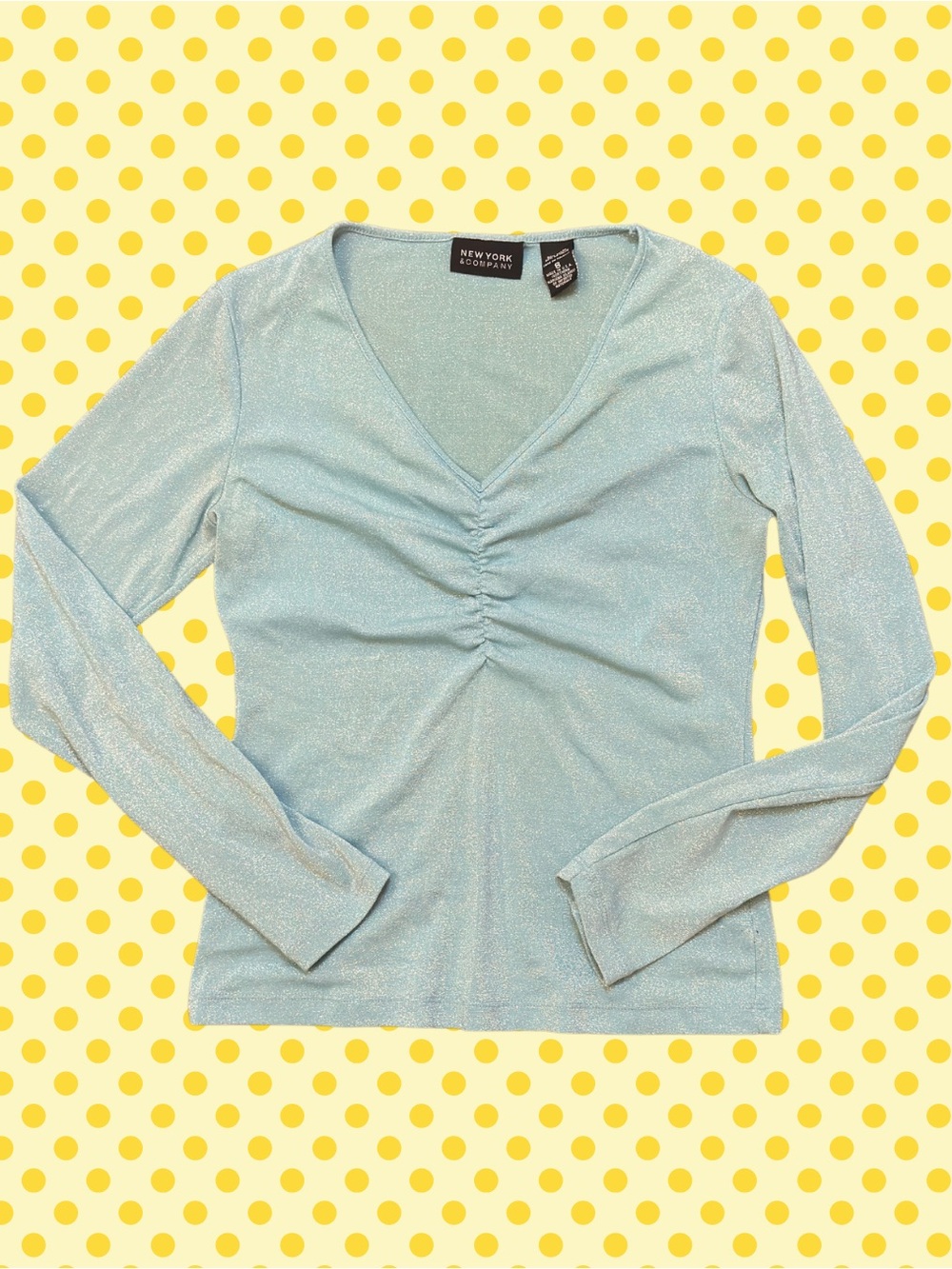 New York & Company Light Blue Shimmer V-Neck Ruched Long Sleeve Top
